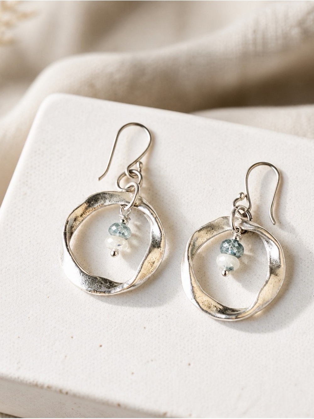 Sterling Silver Hoop Drop Earrings with Light Blue Crystal Beads